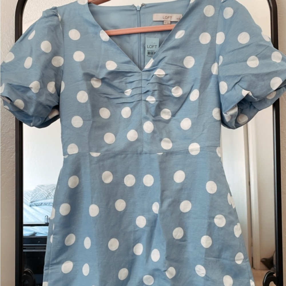 LOFT Light Blue Dress with White Polka Dots
